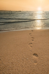 beach, wave and footprints at sunrise time