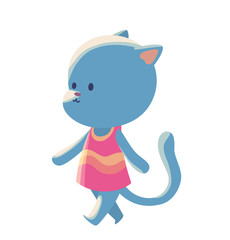 Vector cartoon image of a cute little blue pussycat - schoolgirl in pink dress walking on a white background. School, education, animals. Vector illustration.
