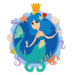 Vector image of a blue round frame with marine symbols: shells, tentacles, crab, fish, algae and golden crown with cartoon image of a cute mermaid with blue curly hair in center on a white background.