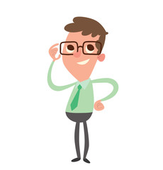 Vector cartoon image of a funny little boy in glasses with brown hair in a light green shirt, green tie and gray pants smiling on a white background. Vector illustration.