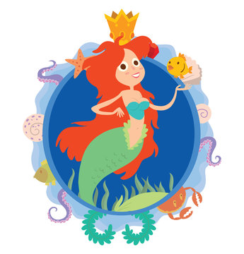 Vector image of a blue round frame with marine symbols: shells, tentacles, crab, fish, algae and golden crown with cartoon image of cute mermaid with red long wavy hair in center on a white background
