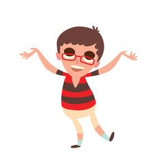 Vector cartoon image of a funny little boy in glasses with black hair in red and black striped t-shirt and white shorts standing and rejoicing on a white background. Vector illustration.