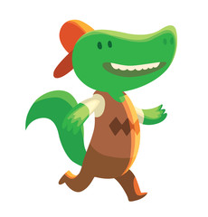 Vector cartoon image of a cute little green crocodile - schoolboy in brown pants, vest, white t-shirt and orange cap running on a white background. School, education, animals. Vector illustration.