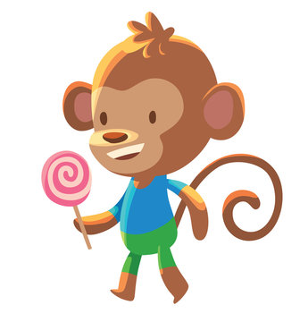 Vector cartoon image of a cute little brown monkey - schoolboy in green shorts and a blue t-shirt with pink lollipop in his paw on a white background. School, education, animals. Vector illustration.