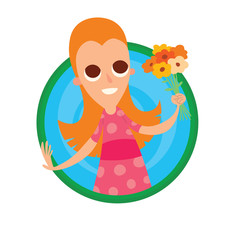 Vector image of a round green-blue frame with cartoon image of a funny girl with big eyes with long orange hair in a pink polka-dot dress with a bouquet of flowers in her hand on a white background.