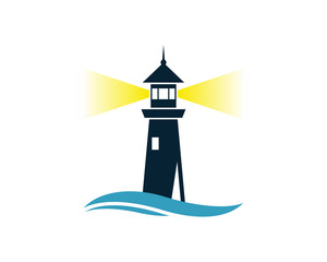 Lighthouse on the Beach with Wave Water Sea Ocean Logo