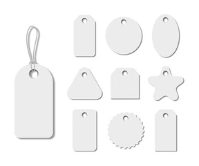 White different shape tags with strings isolated on white background. Vector realistic elements.