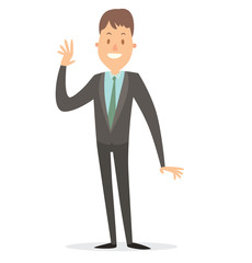 Vector cartoon image of a businessman with brown hair in a gray suit, light blue shirt and green tie, smiling on a white background. Business illustration. Vector illustration.