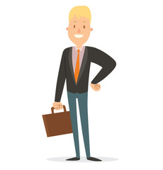 Vector cartoon image of a businessman with blond hair in blue trousers, black jacket and orange tie, with brown briefcase in his hand on a white background. Business illustration. Vector illustration.