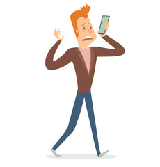 Vector cartoon image of a businessman with red hair in blue pants, light pink shirt, and brown jacket, talking on the black smartphone on a white background. Business illustration. Vector illustration