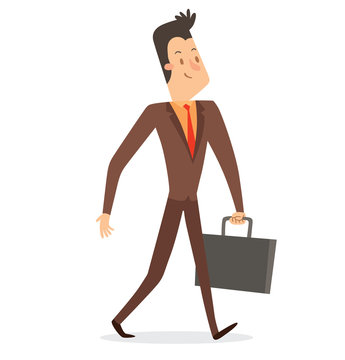 Vector cartoon image of a businessman with a dark hair in a brown suit, orange shirt and red tie, walking with gray briefcase in his hand on a white background. Business. Vector illustration.