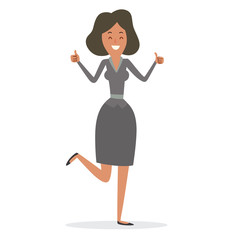 Vector cartoon image of a business woman with black hair in a gray skirt and gray blouse showing thumbs up and standing on one leg on a white background. Business illustration. Vector illustration.