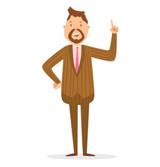 Vector cartoon image of a businessman with brown hair and brown beard in a brown striped suit and pink tie showing the index finger on a white background. Business illustration. Vector illustration.