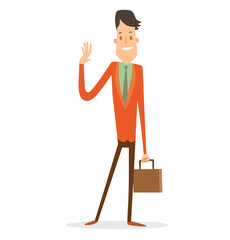 Vector cartoon image of a thin businessman with a black hair in brown trousers, green shirt and red jacket with brown briefcase in hand on a white background. Business illustration Vector illustration