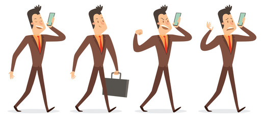Vector cartoon image of a set of a businessman with black hair in a brown suit in different poses, walking, with briefcase in hand, talking on a smartphone on a white background. Vector illustration.