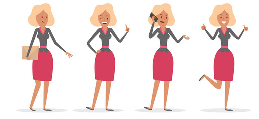 Vector cartoon image of a set of a business woman with fair hair in a pink skirt and black blouse in different poses, smiling, showing a thumbs, talking on a smartphone on a white background.