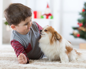 Happy little kid boy and dog at Christmas