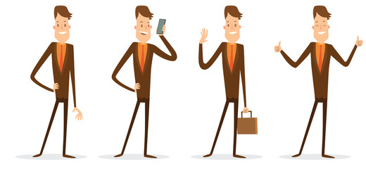 Vector cartoon image of a set of a thin businessman with brown hair in a brown suit, in different poses, smiling, talking on a smartphone, showing a thumbs, with a briefcase on a white background.