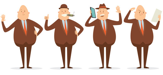 Vector cartoon image of a set of a fat bald businessman in a brown suit, hat in different poses, smiling, talking on a smartphone, with a cigar in his mouth on a white background. Vector illustration.