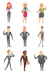 Vector cartoon image of a set of different business people in different clothes, with different attributes in their hands in different poses on a white background. Vector business illustration.