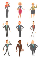 Vector cartoon image of a set of different business people in different clothes, with different attributes in their hands in different poses on a white background. Vector business illustration.