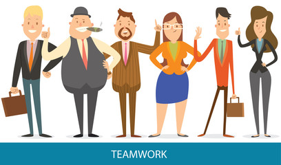 Vector cartoon image of a set of six business people (four men and two women) with different looks and in different clothes, standing and smiling on a white background. Teamwork. Vector illustration.
