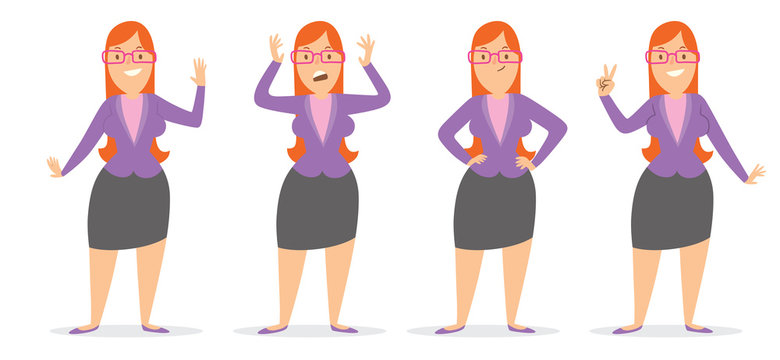 Vector cartoon image of a set of a business woman wearing glasses with long red hair in a black skirt and purple blouse, in different poses, smiling on a white background. Vector illustration.