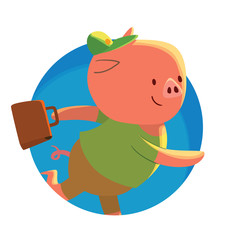 Vector image of a round blue frame with cartoon image of a cute little pink pig in brown shorts, green t-shirt and cap with brown school bag in his hoof on a white background. Vector illustration.