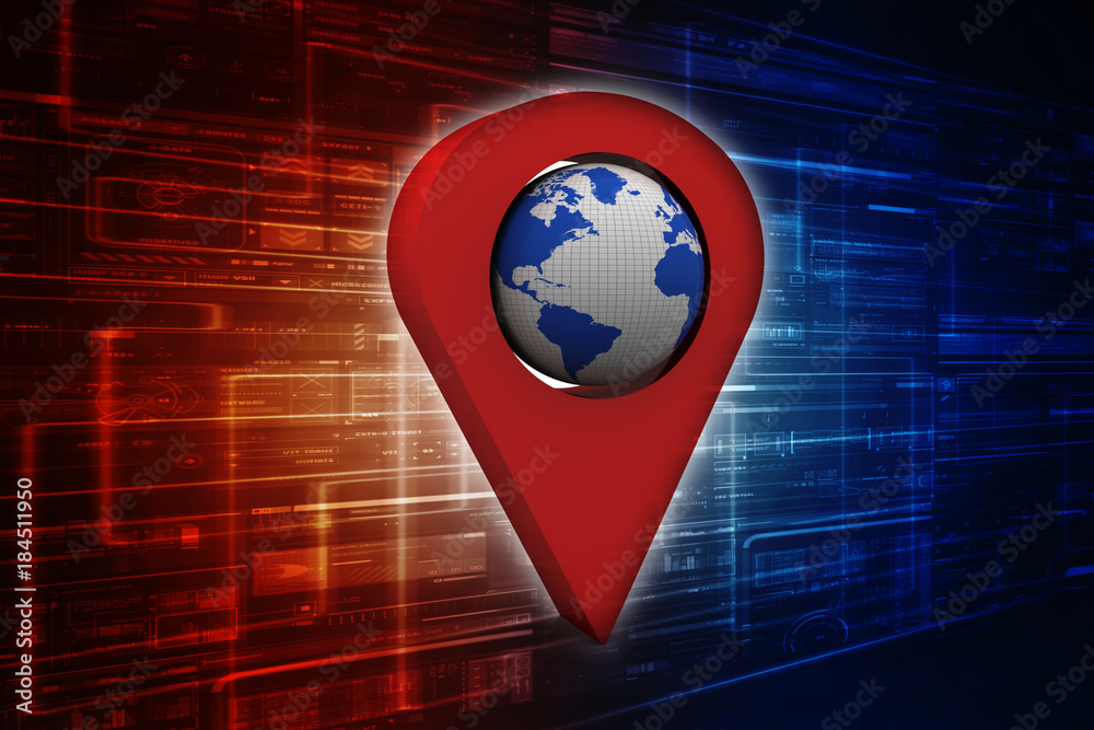 Poster 3d rendering red map pointer with world map