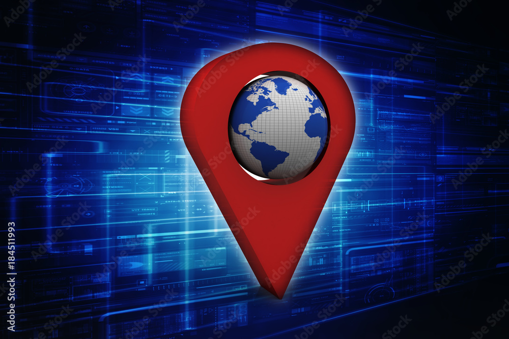 Poster 3d rendering red map pointer with world map