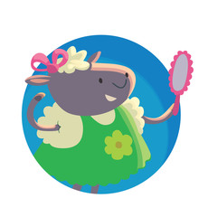 Vector image of a round blue frame with cartoon image of a cute little white-gray lamb girl in green dress with pink bow on head and pink mirror in her hoof on a white background. Vector illustration.