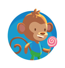 Vector image of a round blue frame with cartoon image of a cute little brown monkey in green shorts and a blue t-shirt with pink lollipop in his paw on a white background. Vector illustration.