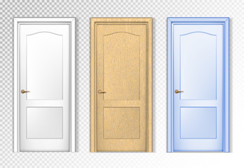 Collection doors isolated on white. White, wooden and colored. Realistic vector design.
