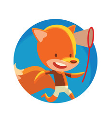 Vector image of a round blue frame with cartoon image of a cute little red fox in white shorts and brown t-shirt with a red butterfly net in his paw on a white background. Vector illustration.