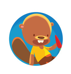 Vector image of a round blue frame with cartoon image of a cute little brown beaver in a yellow t-shirt and brown shorts with red carrot in his paw on a white background. Vector illustration.