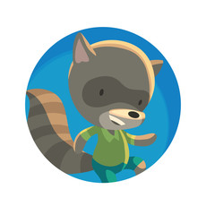 Vector image of a round blue frame with cartoon image of a cute little gray raccoon in a green shirt and turquoise shorts jumping and smiling in the center on a white background. Vector illustration.