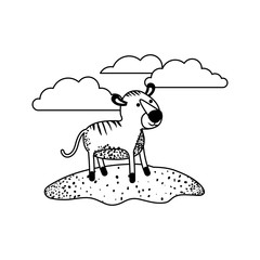 tiger cartoon in outdoor scene with clouds in black sections silhouette vector illustration