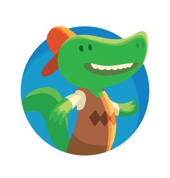 Vector image of a round blue frame with cartoon image of a cute little green crocodile in brown pants, vest, white t-shirt and orange cap running on a white background. Vector illustration.