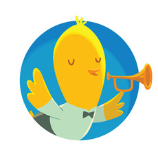 Vector image of a round blue frame with cartoon image of a cute little yellow bird in black trousers, white shirt and bow tie with yellow bugle in his wing on a white background. Vector illustration.
