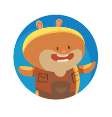 Vector image of a round blue frame with cartoon image of a cute little brown hamster in a red shirt and brown overalls standing and smiling in the center on a white background. Vector illustration.