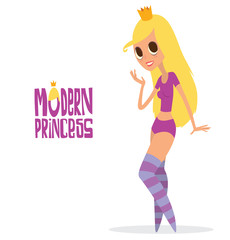 Vector cartoon image of a girl - a modern princess with big eyes, long blond hair in a purple shorts and t-shirt, and with a gold crown on her head, standing on a white background. Vector illustration