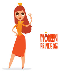 Vector cartoon image of a girl - modern princess with big eyes, long brown-red hair in orange skirt, yellow blouse and with a gold crown on her head standing on a white background. Vector illustration