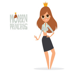 Vector cartoon image of a girl - modern princess with big eyes, brown hair in a black skirt, short white blouse and with a gold crown on her head, standing on a white background. Vector illustration.
