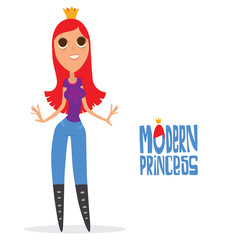 Vector cartoon image of a girl - modern princess with big eyes, long scarlet hair in a blue jeans, purple t-shirt and with a gold crown on her head, standing on a white background. Vector illustration