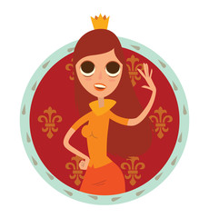 Vector image of a round red-blue frame with patterns and with cartoon image of modern princess with long brown-red hair in orange skirt, yellow blouse and gold crown on a white background. Flat style.