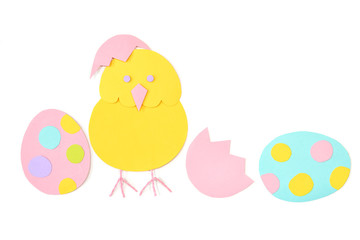 Easter eggs and chicken paper cut on white background - isolated