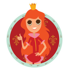 Vector image of a round red-blue frame with patterns and with cartoon image of modern princess with big eyes, long red hair in a red dress and gold crown on her head on a white background. Flat style.