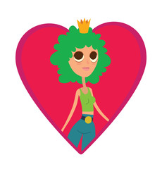 Vector image of a red frame in the form of a heart symbol with a cartoon image of modern princess with curly green hair in blue trousers, green tank top and gold crown on white background.
