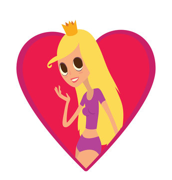 Vector image of a red frame in the form of a heart symbol with a cartoon image of modern princess with long blond hair in purple shorts, t-shirt and gold crown on a white background.