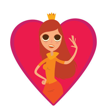 Vector image of a red frame in the form of a heart symbol with a cartoon image of modern princess with long brown-red hair in orange skirt, yellow blouse and gold crown on white background.
